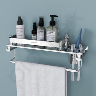 Plantex Stainless Steel Deluxe 3in1 Multipurpose Bathroom Shelf/Rack/Towel Hanger/Tumbler Holder/Bathroom Accessories - Wall Mount (15 x 6 Inches-Chrome)