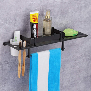 Plantex Stainless Steel 4in1 Multipurpose Bathroom Shelf/Rack/Towel Hanger/Tumbler Holder/Soap Dish/Holder/Stand-Bathroom Accessories (18 X 5 Inches-Matt Black)