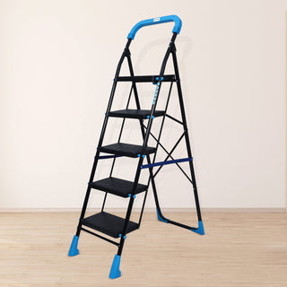 Plantex Heavy-Duty Mild Steel Stylo Folding 5 Step Ladder for Home with Advanced Locking System - 5 Wide Step Ladder(Black & Blue)