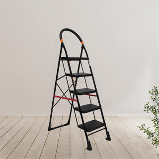 Primax 5-Step Foldable Ladder with Safety-Clutch Lock and Ribbed Steps/Step Ladder/GI Steel Ladder for Home(Primo-Black&Orange)