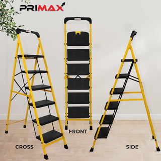 Primax Heavy-Duty GI-Steel Ladder Safety-Clutch Lock and Tool Tray/Step Ladder for Home - 6 Step (Squaro-Black&Yellow)