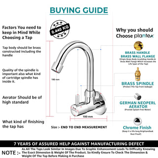 Plantex ICO-910 Pure Brass Single Lever Sink Cock with Swivel Spout (High Arch 360 Degree) for Kitchen Faucet/Sink Tap with Brass Wall Flange & Teflon Tape (Mirror-Chrome Finish)