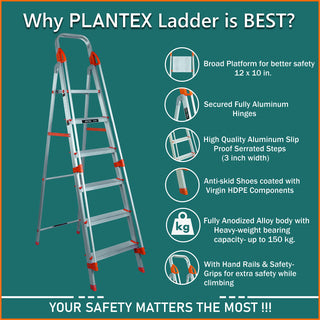 Plantex Secura Ladder for Home-Aluminium Foldable 6 Step Ladder with Safe Hand Rail/Anti-Skid 6 Step Ladder - (Orange-Spanish Silver)