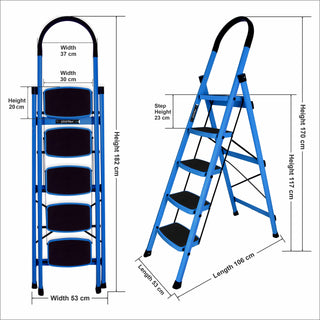 Plantex Premium Steel Foldable 5-Step Ladder for Home - Wide Anti Skid Step Ladder (Blue & Black)