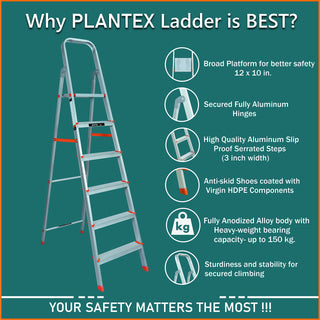 Plantex Restructured Legend Folding 6 Step Ladder for Home - 6 Wide Anti-Skid Step Ladder (Orange-Silver, Aluminium)