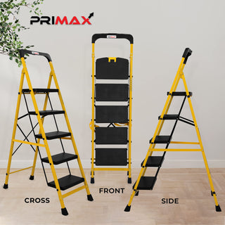 Primax Heavy-Duty GI-Steel Ladder Safety-Clutch Lock and Tool Tray/Step Ladder for Home - 5 Step (Squaro-Black&Yellow)