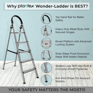 Plantex Wonder 5 Steps Aluminium Ladder for Home/Strong Anti-Slip Steps/Multipurpose Foldable Ladder (Silver & Black)