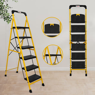 Primax Heavy-Duty GI-Steel Ladder Safety-Clutch Lock and Tool Tray/Step Ladder for Home - 6 Step (Squaro-Black&Yellow)