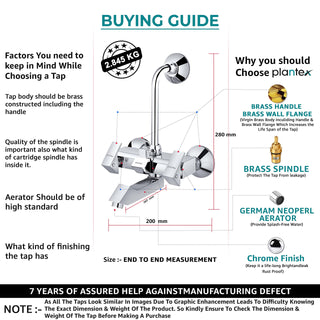 Plantex PRI-318 Pure Brass Wall Mixer for bathroom 2 in 1 with L-Bend Provision for Overhead Shower/Hot & Cold Tap with Brass Wall Flange & Teflon tape (Mirror Chrome)