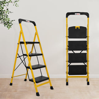 Primax Heavy-Duty GI-Steel Ladder Safety-Clutch Lock and Tool Tray/Step Ladder for Home - 4 Step (Squaro-Black&Yellow)