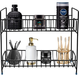 Plantex Stainless Steel 2-Tier Kitchen Rack/Spice Shelf/Kitchen/Pantry Storage Organizer (Rich Black, Tiered Shelf)