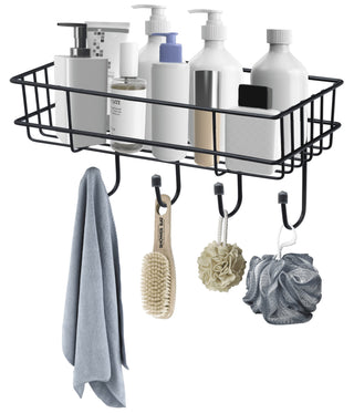 Plantex GI Steel Self-Adhesive Multipurpose Bathroom Shelf with Hooks/Towel Holder/Rack/Bathroom Accessories-Wall Mount - Pack of 1 (Black,Powder Coated)