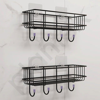 Plantex GI Steel Self-Adhesive Multipurpose Bathroom/Kitchen Shelf with Hooks/Towel Holder/Rack/Bathroom Accessories - Wall Mount - Pack of 2 (Black,Powder Coated)