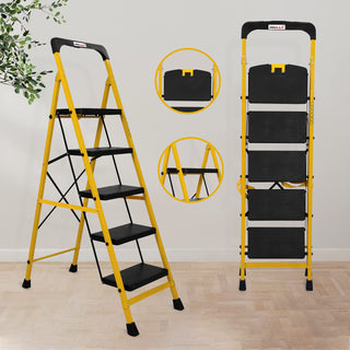 Primax Heavy-Duty GI-Steel Ladder Safety-Clutch Lock and Tool Tray/Step Ladder for Home - 5 Step (Squaro-Black&Yellow)