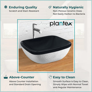 Plantex Platinium Ceramic Tabletop Rectangular Wash Basin/Countertop Bathroom Sink (Black & White, 18.5 x 16.5 x 7 Inch)