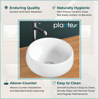 Plantex Platinum Ceramic Tabletop Round Wash Basin/Countertop Bathroom Sink (White Glossy, 11.5 x 11.5 x 6 Inch)