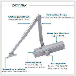 Plantex Heavy Duty Door Closer/Automatic Door Closer for Wooden Door/55 Kg Hydraulic Door Closer for Home/Office/Hotel/Wide 180 Degree Opening (ISO 9001 Certified) - Silver