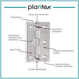 Plantex Heavy Duty Stainless Steel Door Butt Hinges 3 inch x 16 Gauge/1.5 mm Thickness Home/Office/Hotel for Main Door/Wooden/Bedroom/Kitchen - Pack of 4 (Satin Matt)