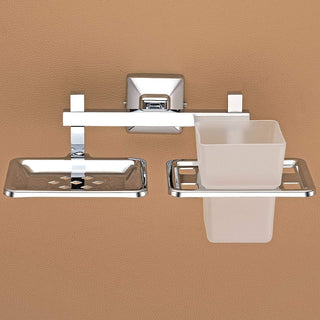 Plantex 304 Grade Stainless Steel 2in1 Soap Holder with Tumbler Holder/Bathroom Accessories - Squaro (Chrome)