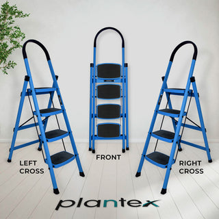 Plantex Premium Steel Foldable 4-Step Ladder for Home - Wide Anti Skid Step Ladder (Blue & Black)