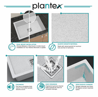 Plantex Granite Quartz Single Bowl Kitchen Sink with Hose Pipe and Square Coupling-Flushmount/Undermount/Top Mounted – (Mosaic Grey-24 x 18 inches)