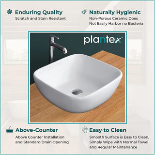 Plantex Platinium Tabletop Ceramic Rectangular Wash Basin/Countertop Bathroom Sink (White, 18.5 x 16.5 x 7 Inch)