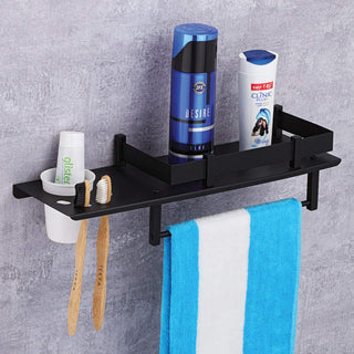 Plantex Stainless Steel 3in1 Multipurpose Bathroom Shelf/Rack/Towel Hanger/Tumbler Holder/Bathroom Accessories (15 x 6 Inches-Matt Black)