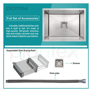 Plantex Premium Kitchen Sink/24"x18"x10" Inches Stainless Steel Sink For Kitchen with 7 Years of Warranty - Single Bowl Sink, Silver Matt (All Fittings & Drain Rack Included)