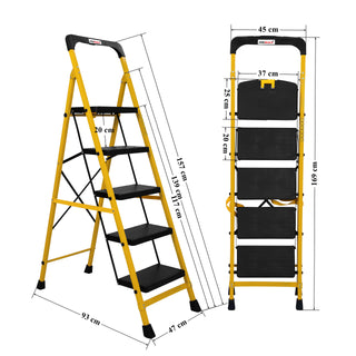 Primax Heavy-Duty GI-Steel Ladder Safety-Clutch Lock and Tool Tray/Step Ladder for Home - 5 Step (Squaro-Black&Yellow)