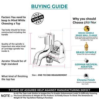 Plantex Pure Brass 2 Way Bibcock Water Tap with Brass Wall Flange & Teflon Tape/Quarter Turn Washing Machine tap/Angle Valve for Bathroom/Basin tap-(FLO-807-Chrome)