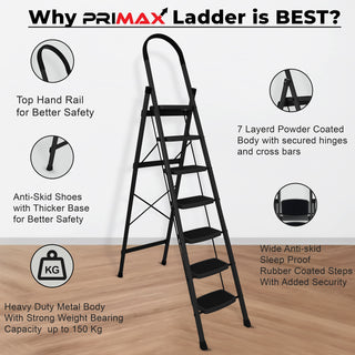 Primax Steel Foldable 7-Step Ladder for Home - Wide Anti Skid Step Ladder (Black)