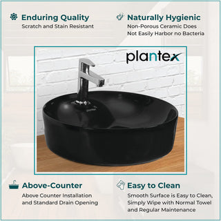 Plantex Platinium Ceramic Tabletop Round Wash Basin/Countertop Bathroom Sink (Black, 17 x 17 x 5 Inch)