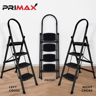 Primax 4-Step Ladder for Home - Wide Anti Skid Step Foldable Ladder | Capacity Upto 150 Kg (Black)