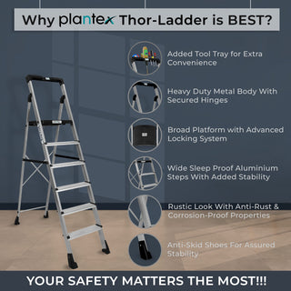 Plantex Thor Aluminium 6 Steps Ladder for Home with Advanced Locking System/Wide Anti-Skid Steps/Foldable Step Ladder with Tool Tray(Silver & Black)