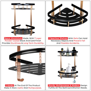 Plantex Space Aluminium Double Tier Corner Storage Shelf for Bathroom/Kitchen - Wall Mount (Stainless Steel Finish,Gold & Black)