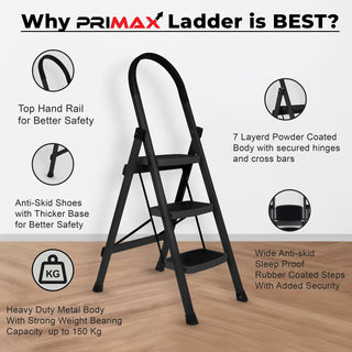 Primax 3-Step Ladder for Home | Wide Anti Skid Step Foldable Ladder | Multipurpose Heavy-Duty Ladder (Black)