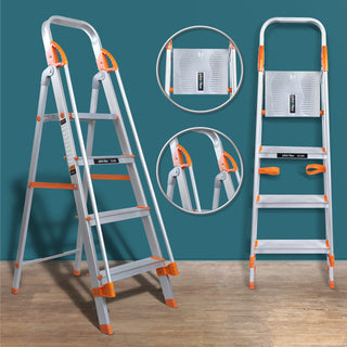 Plantex Secura 4 Steps Ladder for Home/Aluminium Foldable Ladder with Safe Hand Rail (Orange-Silver)