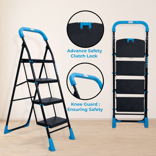 Plantex Heavy-Duty Mild-Steel Stylo Folding 4 Step Ladder for Home with Advanced Locking System - 4 Wide Step Ladder/Anti Skid Step Ladder(Black & Blue)