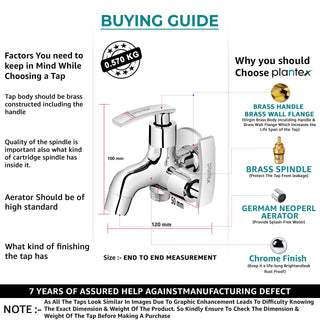 Plantex Pure Brass COL-1007, 2-Way Bib Cock/2-Way Angle Cock for Bathroom with Brass Wall Flange & Teflon Tape (Mirror-Chrome Finish)