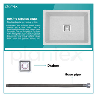 Plantex Granite Quartz Single Bowl Kitchen Sink with Hose Pipe and Square Coupling-Flushmount/Undermount/Top Mounted – (Mosaic Grey-24 x 18 inches)