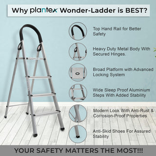 Plantex Wonder Aluminium Step Folding Ladder 4 Step for Home with Advanced Locking System - 4 Step Ladder (Silver & Black)