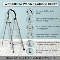 Plantex Wonder Aluminium Step Folding Ladder 4 Step for Home with Advanced Locking System - Anti Slip 4 Step Ladder (Silver & Black)