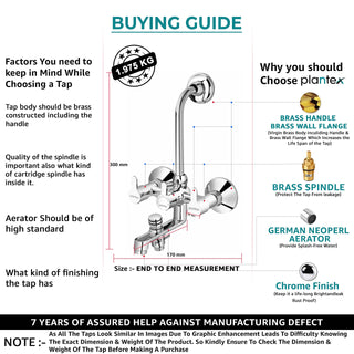 Plantex Pure Brass FLO-819, 3 in 1 Wall Mixer with Telephonic Bend for Arrangement of Overhead and Telephonic Shower for Bathroom with Brass Wall Flange & Teflon Tape (Mirror-Chrome Finish)