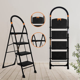 Primax 4-Step Foldable Ladder with Safety-Clutch Lock and Ribbed Steps/Step Ladder/GI Steel Ladder for Home(Primo-Black&Orange)