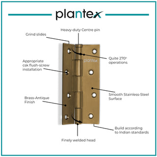 Plantex Heavy Duty Stainless Steel Door Butt Hinges 5 inch x 12 Gauge/2.5 mm Thickness Home/Office/Hotel for Main Door/Bedroom/Kitchen/Bathroom - Pack of 6 (Brass Antique)