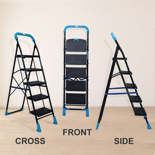 Plantex Heavy-Duty Mild Steel Stylo Folding 5 Step Ladder for Home with Advanced Locking System - 5 Wide Step Ladder(Black & Blue)