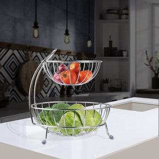 Plantex Stainless Steel 2-Tier Fruit & Vegetable Basket for Dining Table/Kitchen - Countertop (Chrome)