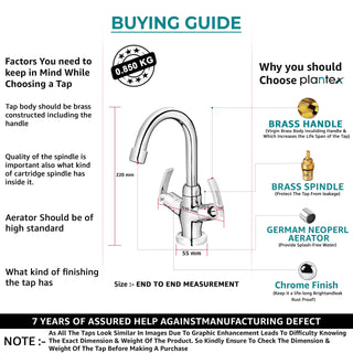 Plantex COL-1009, Pure Brass Center Hole Basin Mixer with (High Arch 360 Degree) Swivel Spout/Double Handle Kitchen Water Tap/Bathroom Cold & Hot Water Tap with Teflon Tape (Mirror-Chrome Finish)