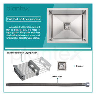 Plantex Stainless Steel Sink for Kitchen/Kitchen Sink with Square Coupling, Hose Pipes and Adjustable Drain Rack - 22x18 Inches, Silver Matt