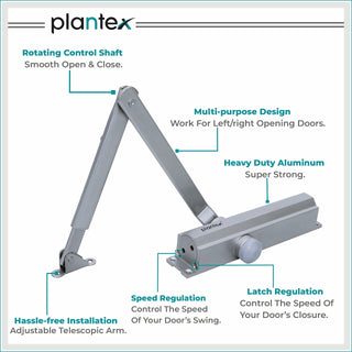 Plantex Door Closer/Aluminium Door Closer for Wooden Door/Hydraulic Automatic Door Closer/Soft Close Door Closer for Hotel/Home/Office - ISO 9001 Certified (MI-100, Capacity - 75 Kg, Silver)